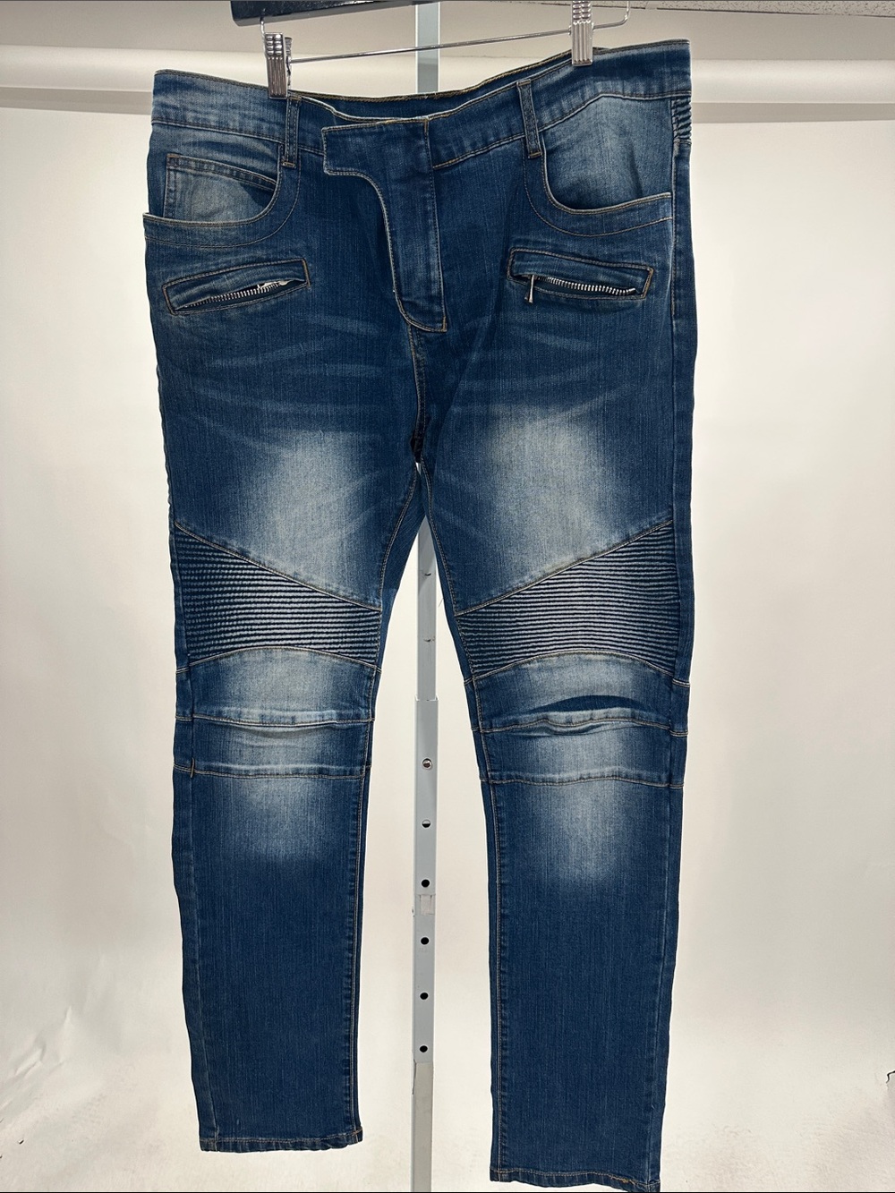Balmain Men's Blue Moto-Style Stretch Jeans
